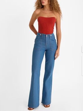 EXPRESS 70s Flare Mid Rise Jeans Medium True Blue Vintage Feel Tall Girls 6 NWT